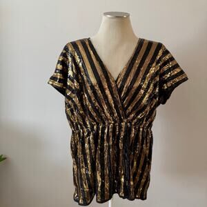 NWT Black Gold Sequin Blouse Top Plus Sz 18 Glam Sparkle Fit & Flare